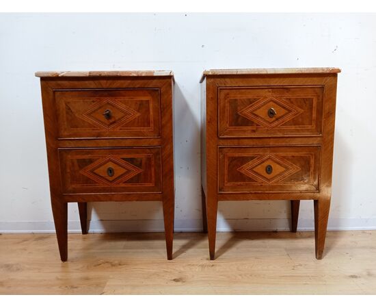 Pair of inlaid Directoire bedside tables - marble top - small cabinet - 18th century/1700s