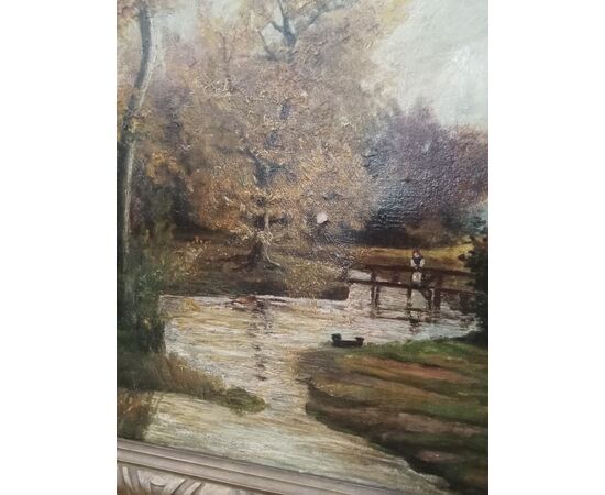Oil on canvas painting, countryside landscape with river - Galbusera Giovacchino - 1900s
