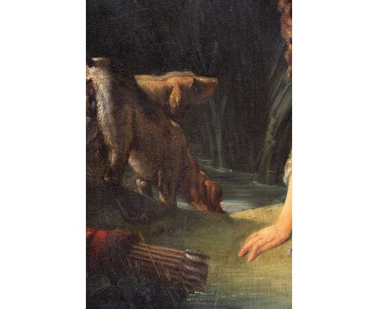 Antique oil painting on canvas with contemporary gilded and carved wooden frame depicting "The Rest of Diana". France 19th century.