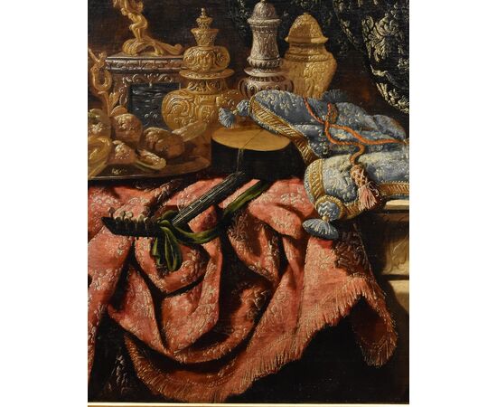 Antonio Tibaldi (Rome, c. 1633 - 1684), Still life with precious objects, brocade fabrics, and plate with sweets