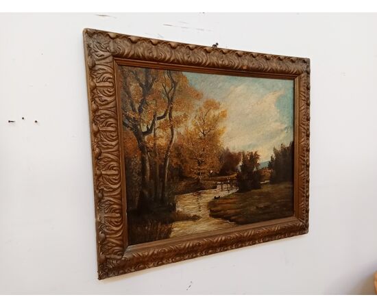 Oil on canvas painting, countryside landscape with river - Galbusera Giovacchino - 1900s