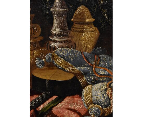 Antonio Tibaldi (Rome, c. 1633 - 1684), Still life with precious objects, brocade fabrics, and plate with sweets