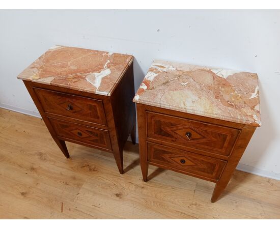 Pair of inlaid Directoire bedside tables - marble top - small cabinet - 18th century/1700s