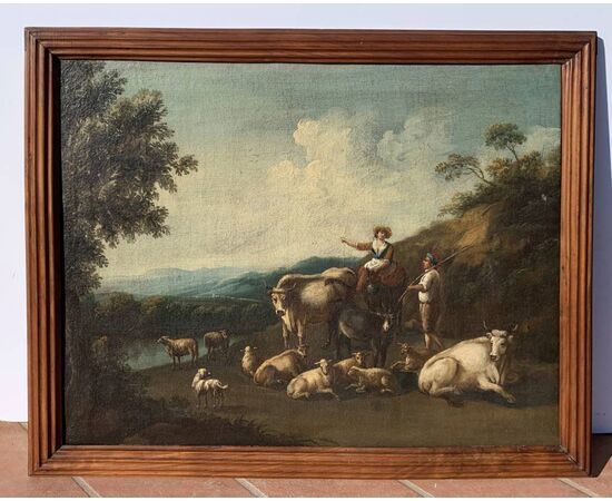 Pittore italiano (XVIII sec.) - Paesaggio arcadico con pastori e gregge.