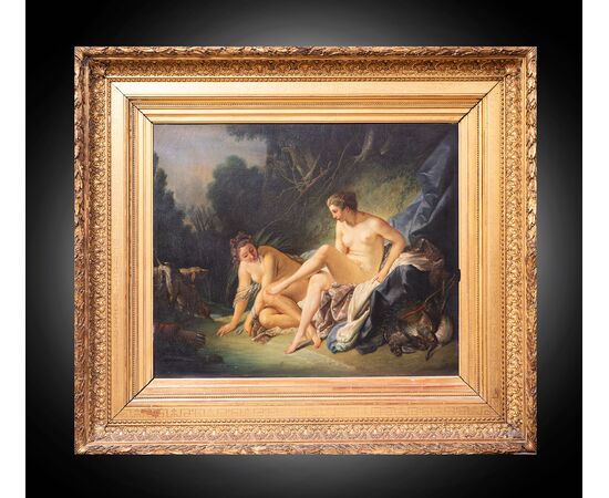 Antique oil painting on canvas with contemporary gilded and carved wooden frame depicting "The Rest of Diana". France 19th century.