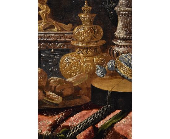 Antonio Tibaldi (Rome, c. 1633 - 1684), Still life with precious objects, brocade fabrics, and plate with sweets