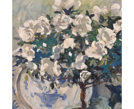 DIPINTI ANTICHI CON FIORI DI ROSE E AZALEE, NATURE MORTE, OLIO SU TELA, INIZIO NOVECENTO, ART DECO. (QF682)   