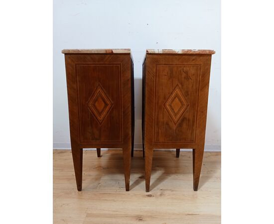 Pair of inlaid Directoire bedside tables - marble top - small cabinet - 18th century/1700s