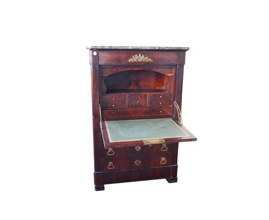 Early 1800s Empire secretaire in mahogany feather with rich bronze applications
