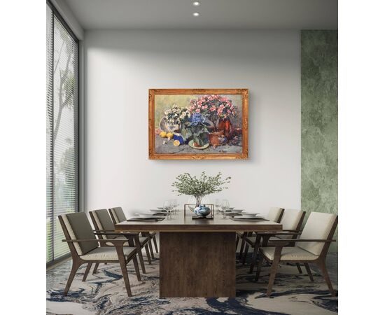 DIPINTI ANTICHI CON FIORI DI ROSE E AZALEE, NATURE MORTE, OLIO SU TELA, INIZIO NOVECENTO, ART DECO. (QF682)   