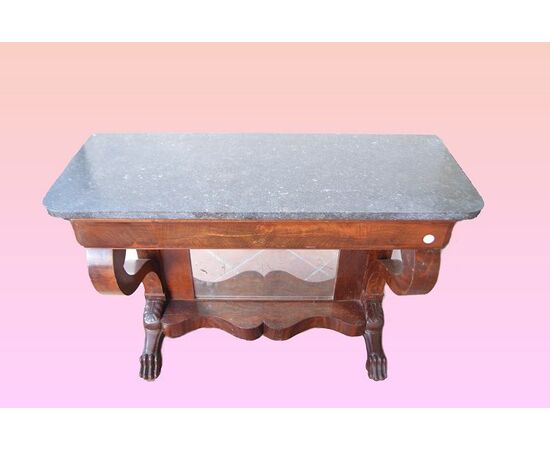 French Empire style mahogany console table from the 1800s with mirror and marble
