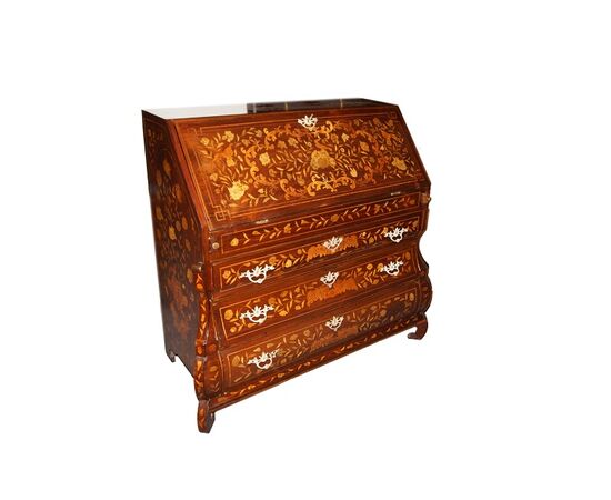Dutch flap desk from the 1700s, Regency style, in richly inlaid mahogany with floral and bird decorations