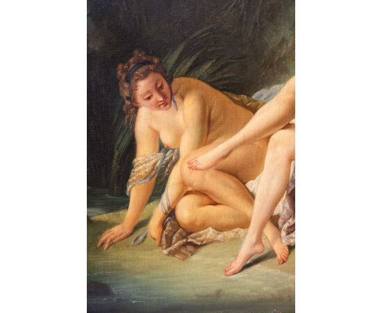 Antique oil painting on canvas with contemporary gilded and carved wooden frame depicting "The Rest of Diana". France 19th century.
