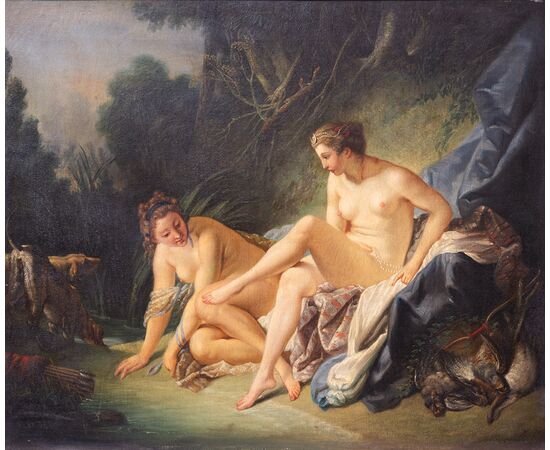 Antique oil painting on canvas with contemporary gilded and carved wooden frame depicting "The Rest of Diana". France 19th century.