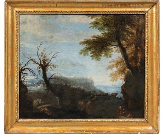 Circle of Alessio de Marchis (Naples 1684 - Perugia or Urbino 1752) - Arcadian landscape with shepherds and flock.