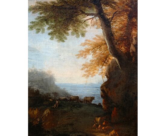 Circle of Alessio de Marchis (Naples 1684 - Perugia or Urbino 1752) - Arcadian landscape with shepherds and flock.
