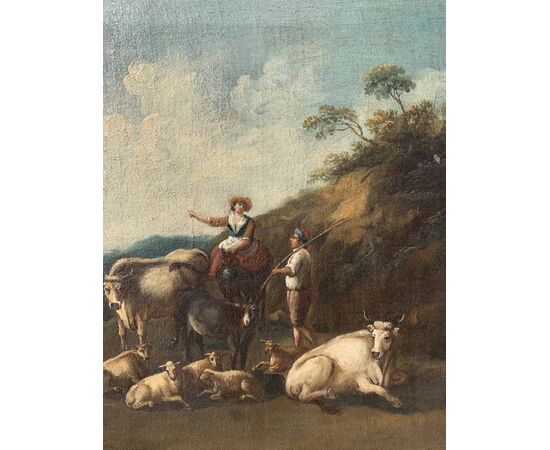Pittore italiano (XVIII sec.) - Paesaggio arcadico con pastori e gregge.