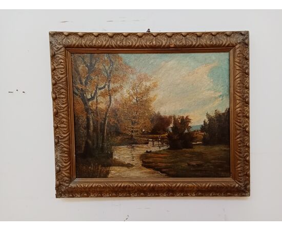 Oil on canvas painting, countryside landscape with river - Galbusera Giovacchino - 1900s