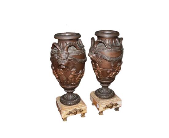 Pair of Large Antimony Vases with Yellow Marble Bases, 19th Century