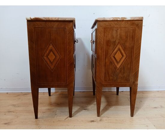 Pair of inlaid Directoire bedside tables - marble top - small cabinet - 18th century/1700s