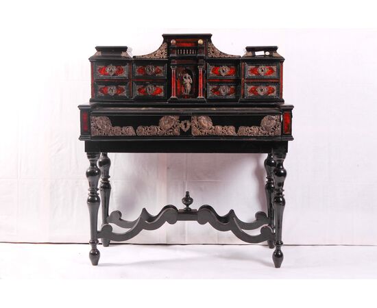 Stunning Sicilian writing desk from the 1700s in ebony, tortoise shell, and silver finishes.