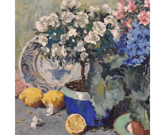DIPINTI ANTICHI CON FIORI DI ROSE E AZALEE, NATURE MORTE, OLIO SU TELA, INIZIO NOVECENTO, ART DECO. (QF682)   