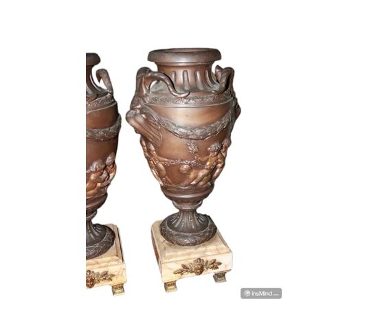 Pair of Large Antimony Vases with Yellow Marble Bases, 19th Century