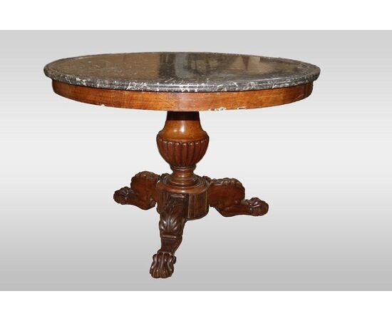 1800s Carlo X mahogany coffee table with marble top and lion's paw feet