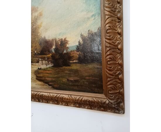 Oil on canvas painting, countryside landscape with river - Galbusera Giovacchino - 1900s