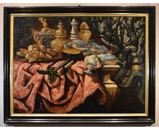 Antonio Tibaldi (Rome, c. 1633 - 1684), Still life with precious objects, brocade fabrics, and plate with sweets