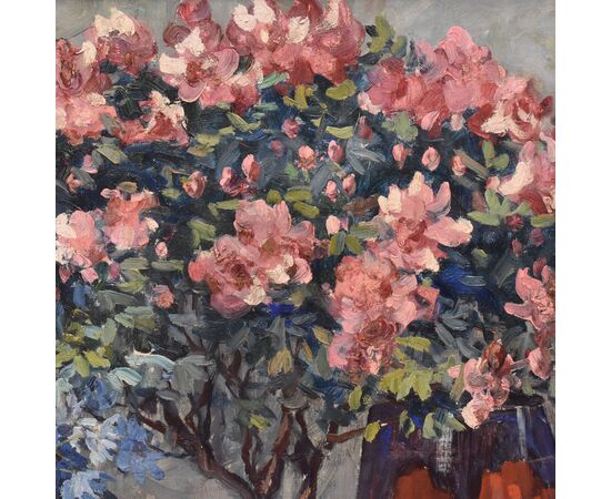 DIPINTI ANTICHI CON FIORI DI ROSE E AZALEE, NATURE MORTE, OLIO SU TELA, INIZIO NOVECENTO, ART DECO. (QF682)   