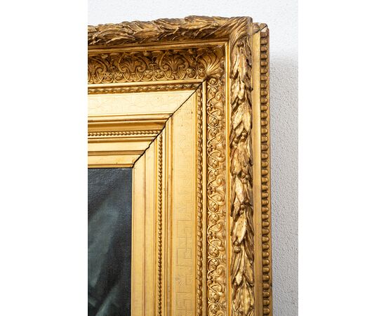 Antique oil painting on canvas with contemporary gilded and carved wooden frame depicting "The Rest of Diana". France 19th century.