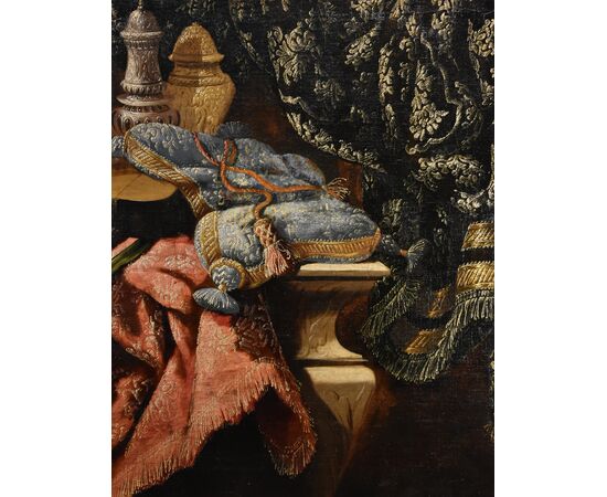 Antonio Tibaldi (Rome, c. 1633 - 1684), Still life with precious objects, brocade fabrics, and plate with sweets
