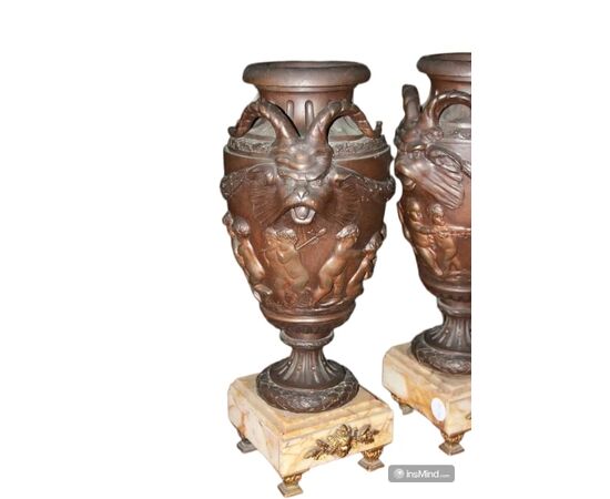Pair of Large Antimony Vases with Yellow Marble Bases, 19th Century