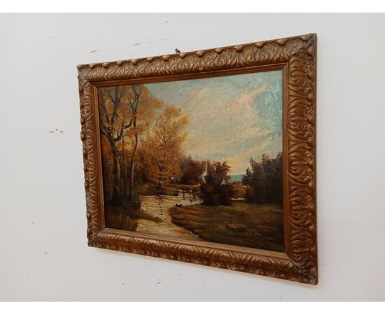 Oil on canvas painting, countryside landscape with river - Galbusera Giovacchino - 1900s