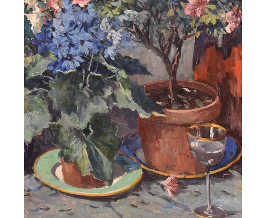 DIPINTI ANTICHI CON FIORI DI ROSE E AZALEE, NATURE MORTE, OLIO SU TELA, INIZIO NOVECENTO, ART DECO. (QF682)   