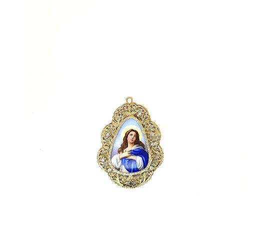 Pendente in argento con figura sacra dipinta a mano su porcellana