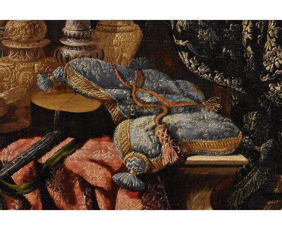 Antonio Tibaldi (Rome, c. 1633 - 1684), Still life with precious objects, brocade fabrics, and plate with sweets