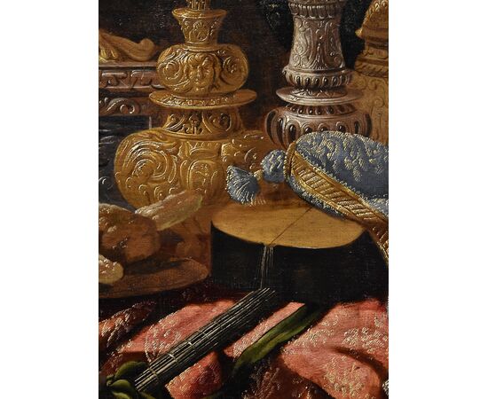 Antonio Tibaldi (Rome, c. 1633 - 1684), Still life with precious objects, brocade fabrics, and plate with sweets