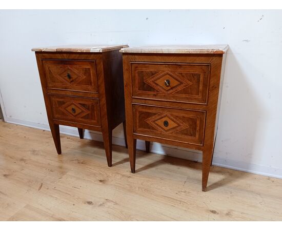 Pair of inlaid Directoire bedside tables - marble top - small cabinet - 18th century/1700s