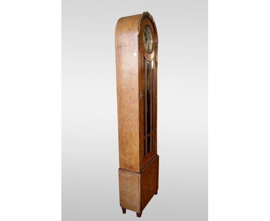 Early 20th century Art Deco style burl wood grandfather clock with bronze applications