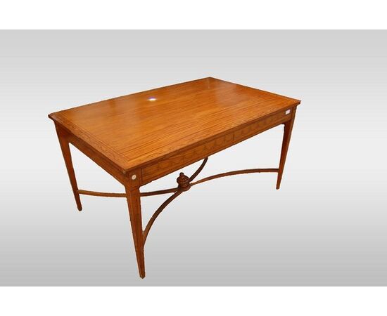 Sheraton style English writing desk in Satinwood from the 1800s with paintings