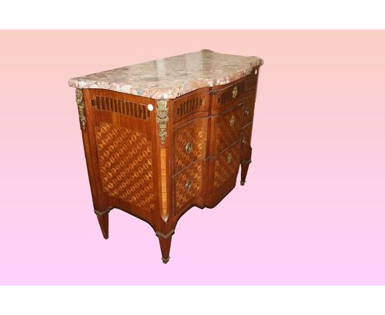 French Transition style chest of drawers from the 1800s with marble and rich inlays