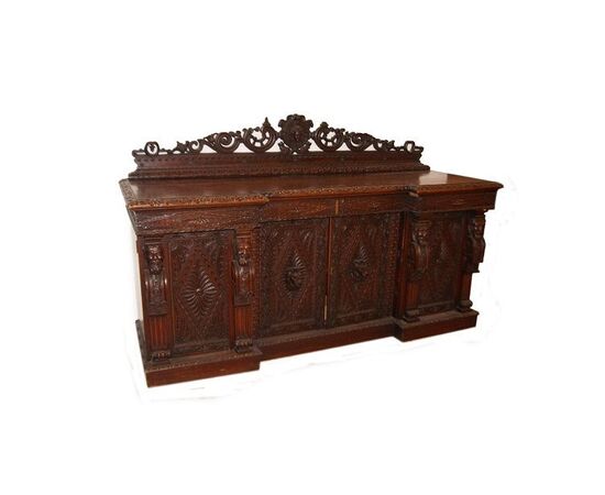 Antique large Tudor style sideboard from the 1800s in oak with a Glasgow Cathedral plate