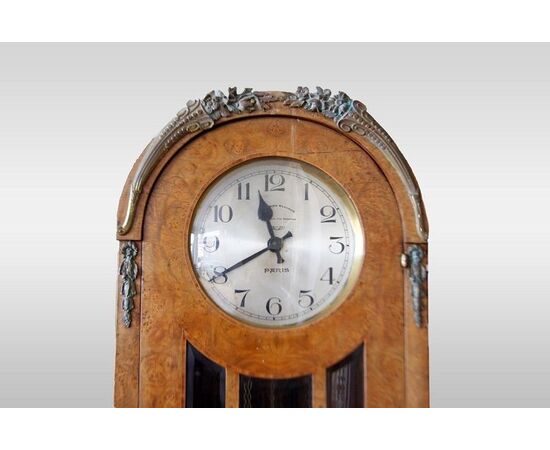 Early 20th century Art Deco style burl wood grandfather clock with bronze applications