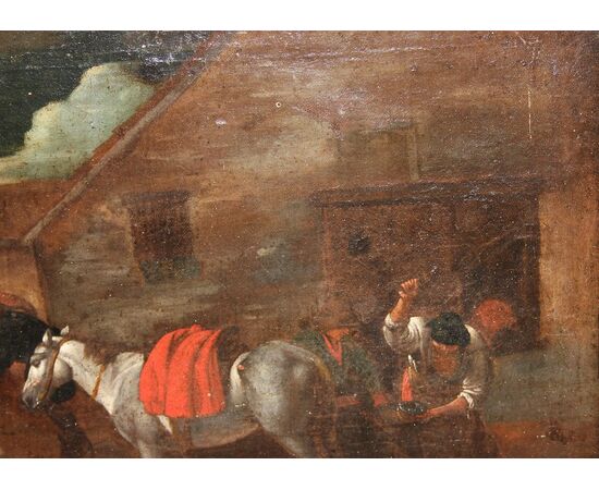 Oil on canvas from the late 1600s, early 1700s depicting a Farrier