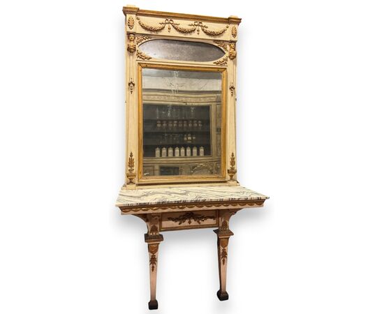 SPECC569 - Consolle con specchiera laccata e dorata, epoca '700, misure cm L 126 x H 276 x P 63