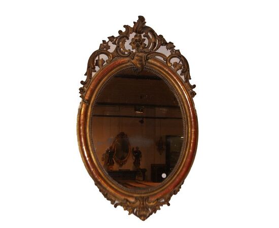 Antique Louis XV oval mirror, mid-1800s, French, gilded gold leaf, visible bole