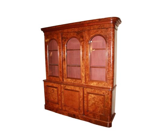 Grande Libreria Bookcase stile Vittoriano in Radica di Noce