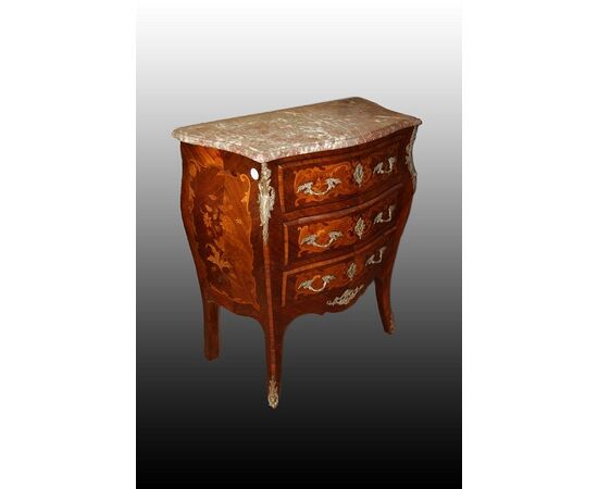 French Louis XV style commode richly inlaid of the 1800s with bronzes and marble